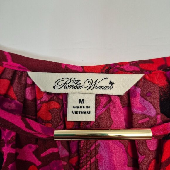 The Pioneer Woman Womens Floral Blouse M Burgundy/Pink Long Sleeve Keyhole Neck - Picture 3 of 6